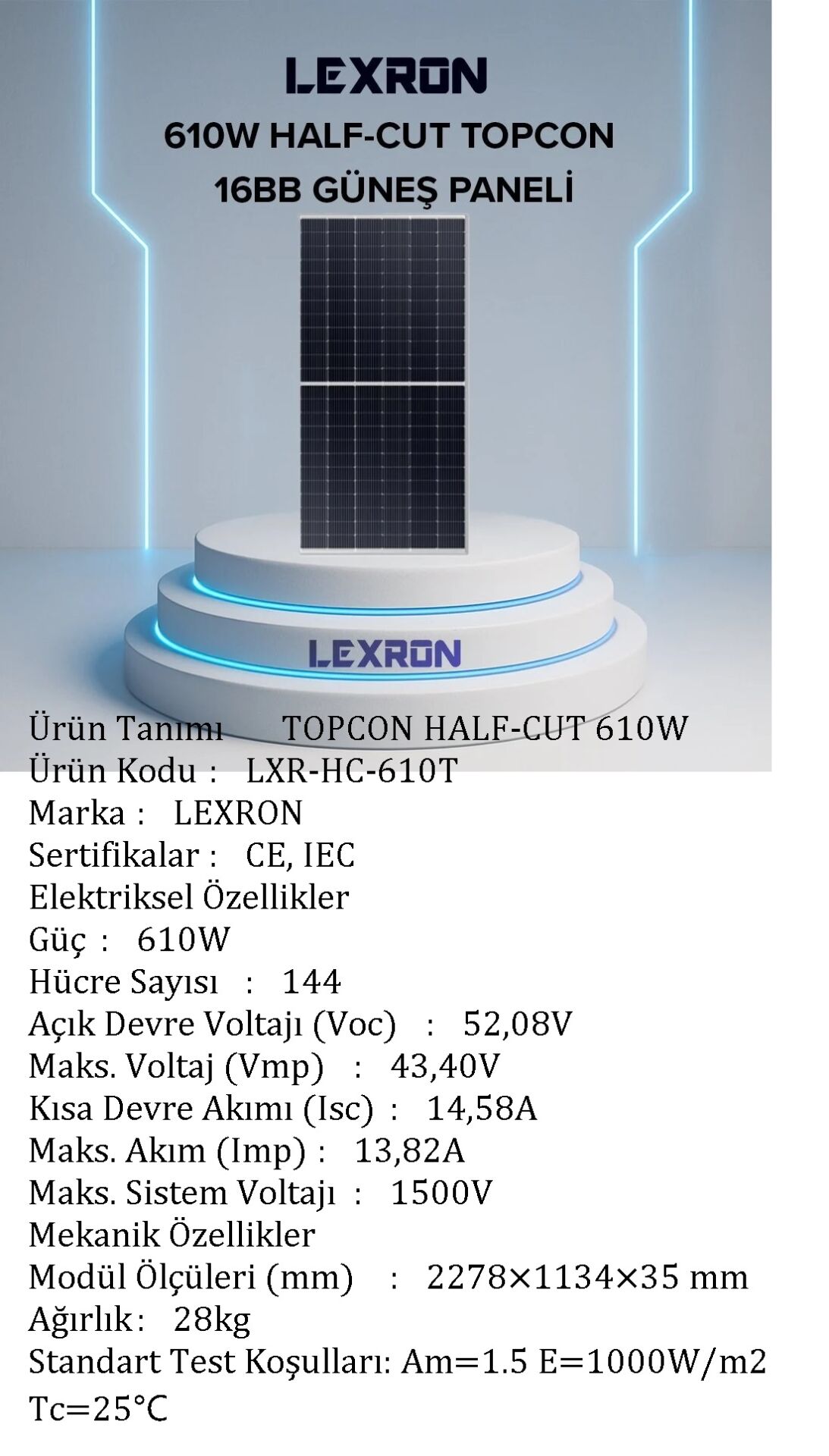 610 WATT MONO HALF-CUT TOPCON 16BB GÜNEŞ PANELİ LEXRON